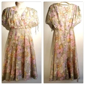Miss Elliette Watercolor Shirtwaist Dress Lined Rouch Sleeve Vtg NWT - Picture 1 of 8