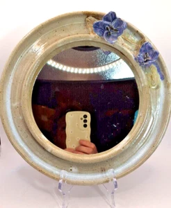Vtg 1987 Artisan Studio Pottery Mirror Stoneware Round Applied Floral 10.5" - Picture 1 of 5