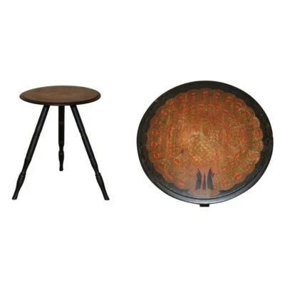 STUNNING ANTIQUE CIRCA 1900 HAND MADE PEACOCK DECORATED SIDE END LAMP WINE TABLE — 第 1/4 张图片