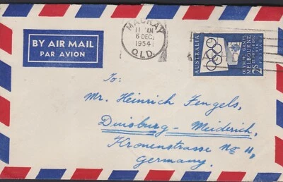 1954 2/- Juegos Olímpicos de Melbourne Australia Publicidad Cubierta MACKAY QLD a ALEMANIA Foto 1 de 2