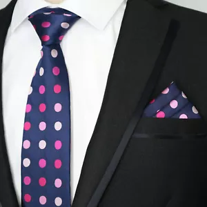Tie Pocket Square Set Navy Blue Pink Polka Dot Patterned Handmade Mens Wedding - Picture 1 of 4