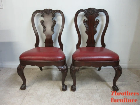 Pair Ethan Allen Mahogany Chippendale Carved Dining Room Side Chairs Ball Claw B Cover