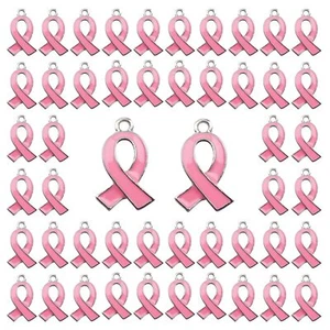 50 Pcs Pink Ribbon Pendants Breast Cancer Awareness Charms Alloy Awareness Pi... - Picture 1 of 7