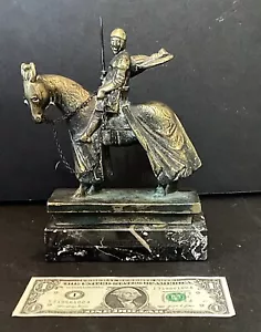 Vintage Solid Bronze Crusader Knight On Horseback & Mounted On Marble Base - Picture 1 of 11