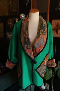 Cappotto spolverino drappeggiato vintage Viktoria Chulay Kelly verde lana sud-occidentale azteco - Foto 1 di 14