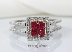 EFFY 14K 2 Tone Gold Natural Diamonds and Rubies Square Halo Ring - Picture 1 of 8