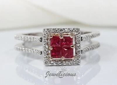 EFFY 14K 2 Tone Gold Natural Diamonds and Rubies Square Halo Ring - Image 1 of 4