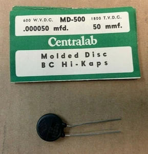 NOS Centralab Type MD Molded Disc Ceramic BC Hi-Kaps, MD-500, 50 MMF 600VDC - Picture 1 of 3
