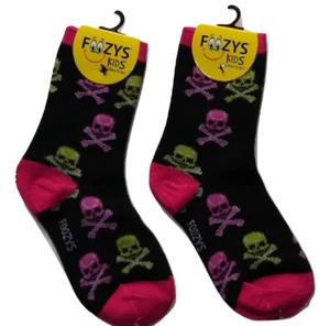 FOOZYS Skull + Crossbones Kids Socks-Two Pairs-Black with Pink Children's Socks - Picture 1 of 1