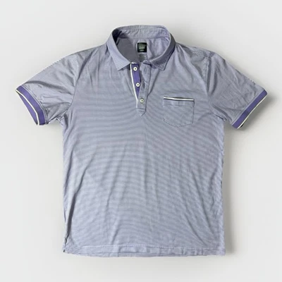 Saks Fifth Avenue BLACK Polo Shirt Men Large Purple/White Striped Short Sleeve - Image 1 of 2