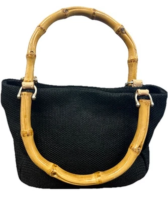 Tommy Bahama Black Canvas Woven Handbag Purse Bamboo Handles Leather Bottom - Image 1 of 4