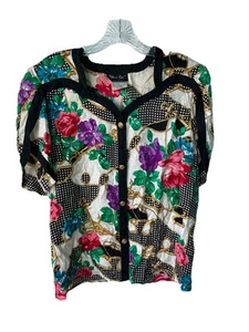 Diane Freis Vtg Blouse 100% Silk Cap Sleeve Gold Button Roses Shoulder Pads - Picture 1 of 13