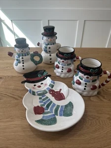 Hallmark Christmas Snowman Mugs Plate Teapot Salt Pepper Sugar Set Of 5 Cardinal - Picture 1 of 24