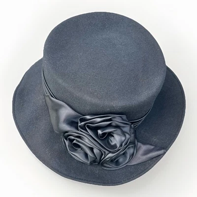 Vintage Michael Howard Black Wool Wide Brim Hat Satin Roses Jaqueline Ferrar - Image 1 of 4