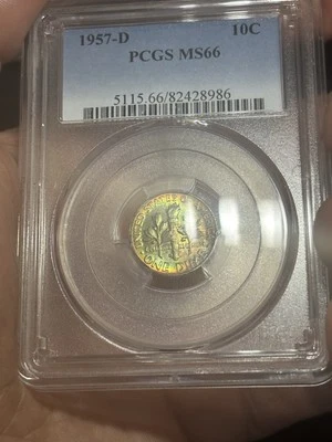 1957 D Roosevelt Dime Ms66. Perfect Bullseye Toning! Reverse Mounted - Image 1 of 4