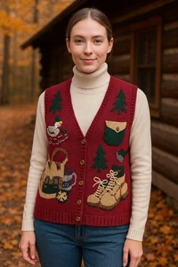 Northern Isles Signature Hand Embroidered Knit Sweater Vest Large Red Winter Cab - Picture 1 of 11