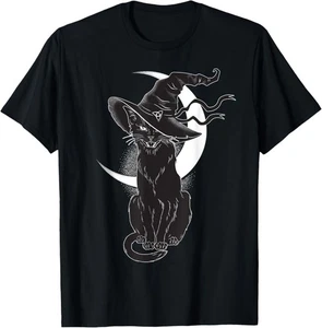 NUEVO LIMITADO Vintage Scary Halloween Gato Negro Disfraz Bruja Sombrero y Luna Camiseta - Imagen 1 de 3