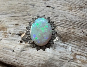 14k White Gold Opal Rock Crystl Halo Ring Size 6 Genuine Gemstone Vintage 80s - Picture 1 of 8
