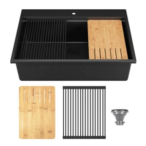Workstation 33" 1-Hole Drop-In Quartz Composite Single Bowl Kitchen Sink Black - Picture 1 of 11