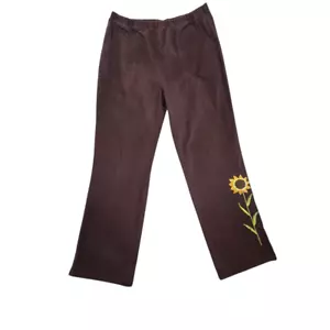 Quacker Factory Womens Brown Artsy Sunflower Pants L Pull On Bootcut Quirky Fall - Picture 1 of 10