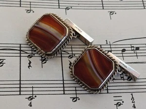 ANTIQUE Sterling Silver & Banded Agate Cufflinks BRIDGE LOOP VICTORIAN/EDWARDED - Picture 1 of 8