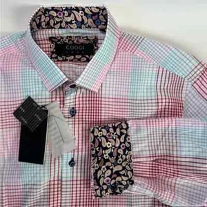 NWT COOGI LUXE Mens Plaid Check Paisley Accent Long Sleeve Dress Shirt L 16.5/17 - Picture 1 of 9