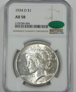 1934-D Peace Dollar CERTIFIED CAC & NGC AU 58 Silver Dollar - Picture 1 of 4