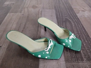 Two Lips Mule Heels SZ 4.5 Green and White Leather Polka Dot Rockabilly Slip On! - Picture 1 of 12
