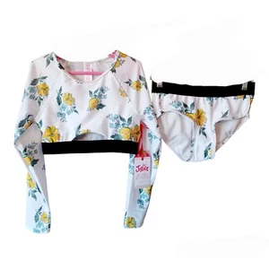 Justice Crop Rashguard Swimsuit-10-Long Sleeves-Floral - Picture 1 of 5