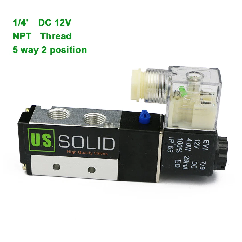 U.S. Solid Pneumatic Solenoid Valve 5 way 2 Position 1/4 in DC 12V Junction Box