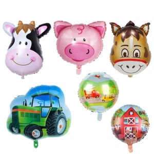 Set of 6 Cute Foil Farmyard Balloons Pig Cow Horse Tractor Barn Free Ribbon UK - Picture 1 of 2