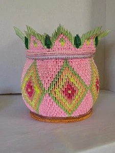 3D Origami Basket Covered Canister Hand Made Vibrant Colors 100% Paper Folk Art - Picture 1 of 4