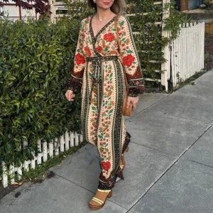 Farm Rio Autumn Floral Wide Leg Bow Waist Bohemian V Neck Colorful Jumpsuit NWT - Picture 1 of 12