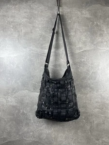 Borsa a tracolla in pelle nera invecchiata intrecciata boho artigianale vintage - Foto 1 di 11