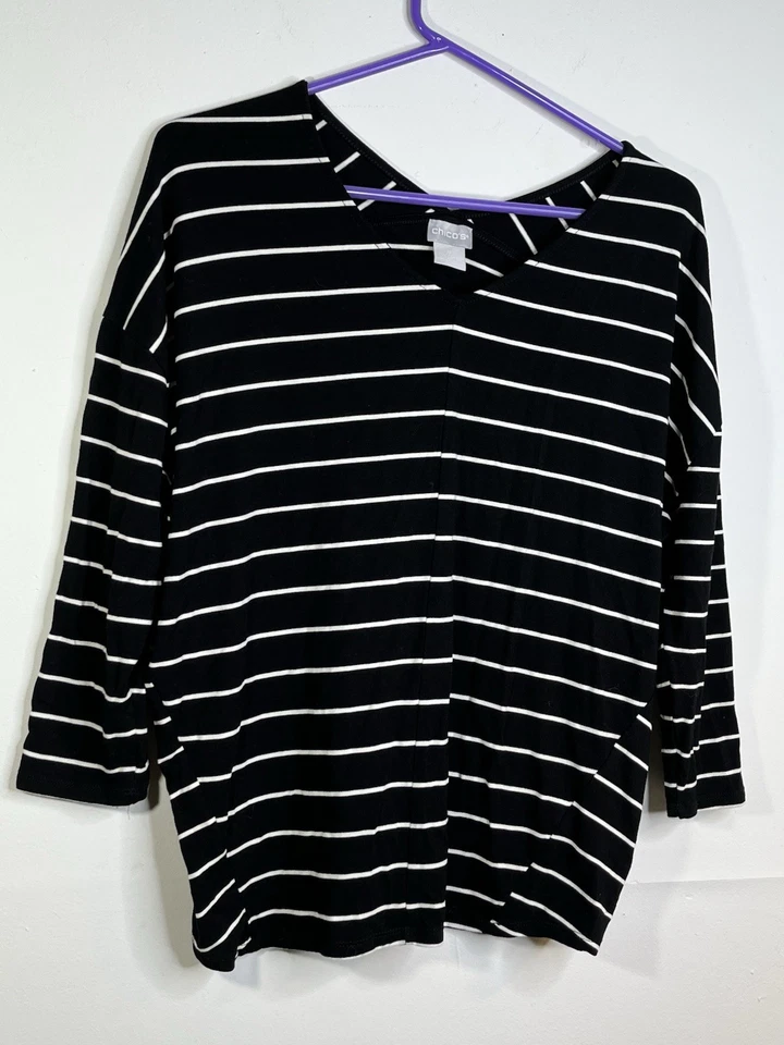 Chicos Rayas Cuello en V Talla 0 Pequeño Manga 4 3/4 Negro Blanco Rayas Foto 1 de 4