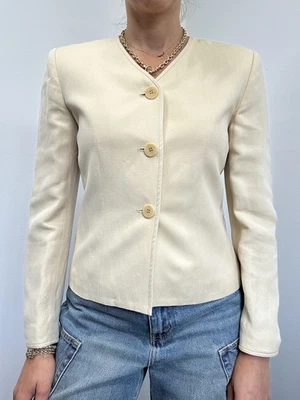Vintage Ann Taylor Cream Linen Blend Button Front Collarless Blazer Size 2P - Image 1 of 4
