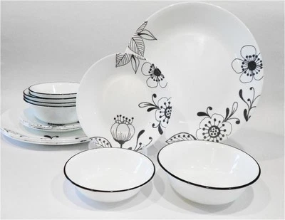 ❤️ 16-pc Corelle INKED POPPY DINNERWARE SET Plates Bowls BLACK FLORAL on WHITE - Image 1 of 4