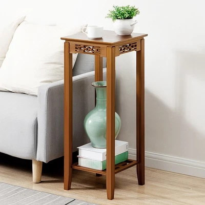 Retro Plant Stand Plant Holder Tall Side End Table 2-Tier Bamboo Shelf Rack Desk - Image 1 of 4