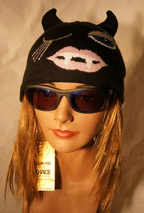 RUSTY'S Negro SOMBRERO DE DIABLO Disfraz Tejido Ojos Azules Gorra de Esquí Gato Vampiro Toque Gorro - Imagen 1 de 10