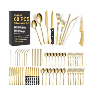 68-piece Gold Silverware Set with Steak Knife, Service for 8, Stainless Steel... - Picture 1 of 7