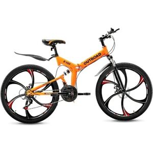 Outroad 26 Inch Folding Mountain Bike, 21 Speed Full Suspension High-Carbon Stee