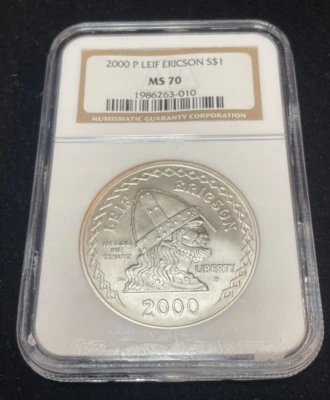 2000 P Leif  Ericson Commemorative Silver Dollar NGC MS-70, Semi-Key Date - Image 1 of 4