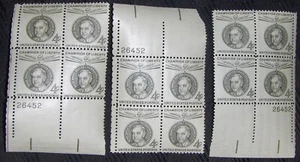 US 4¢ stamp SC #1136 E. Reuter, Mayor of Berlin MNH 1959 3 matching plate blocks - Picture 1 of 1