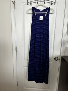 Splendid Racerback Maxi Dress Sz S Hi Lo Hem Linen Blend Knit Lined Blue Stripe - Picture 1 of 17