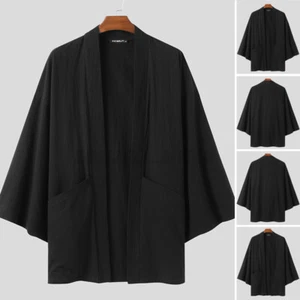 Para Hombres Manga Larga Algodón Lino Suelto Abrigo Chaqueta Yukata Kimono Capa Prendas de abrigo Camisa - Imagen 1 de 12
