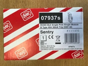 MK SENTRY 40A RCBO H7937s TYPE B AC 40A 30MA SINGLE MODULE 40 AMP 7937s - Picture 1 of 4