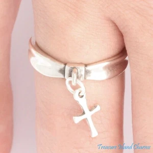 Solid Sterling 925 Silver Charm Ring with Christian Cross Dangle Sizes 5-10 - Picture 1 of 6