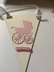 Wooden Hanger Nursery Shabby Chic Rustic Pram Stroller Pink Personalised 3d (2) - Picture 1 of 1