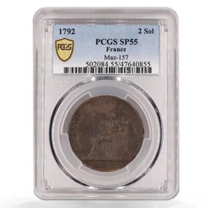 France 2 sols Monneron Freres w/o Parentheses MAZ-157 SP55 PCGS bronze coin 1792 - Picture 1 of 2