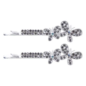 2 Stück Silberfarbene glitzernde Kristall Doppel Schmetterling Haar Griff Slide Haarnadel Clips - Bild 1 von 1